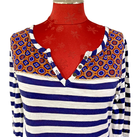 Anthropologie Postage Stamp Shirt Navy Striped Size M Roll Tab Sleeves Boho Chic - Picture 2 of 10